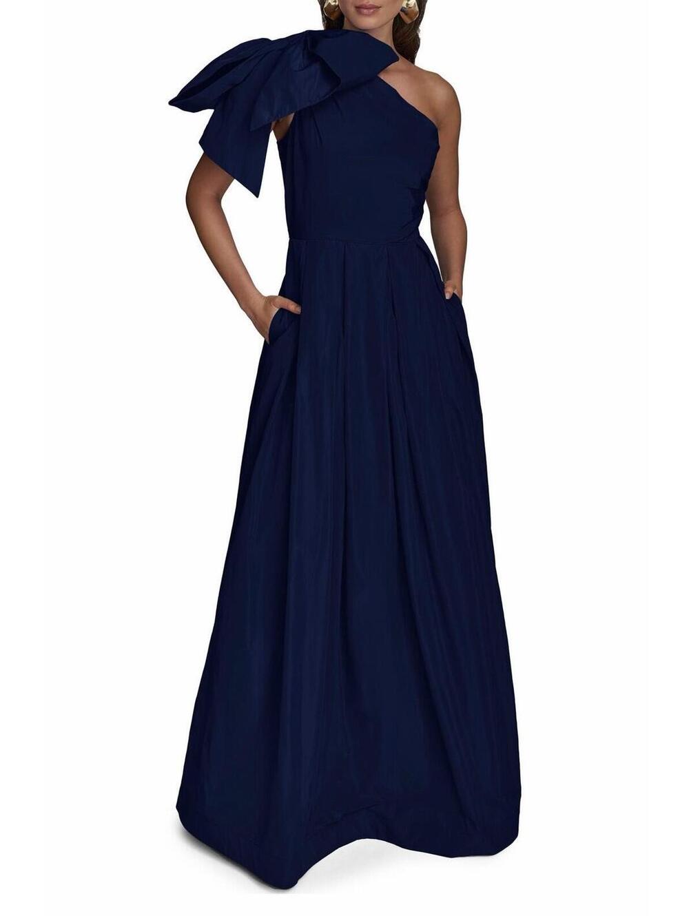 New Donna Karan New York Bow One-Shoulder Gown In Navy Sz 6 $399